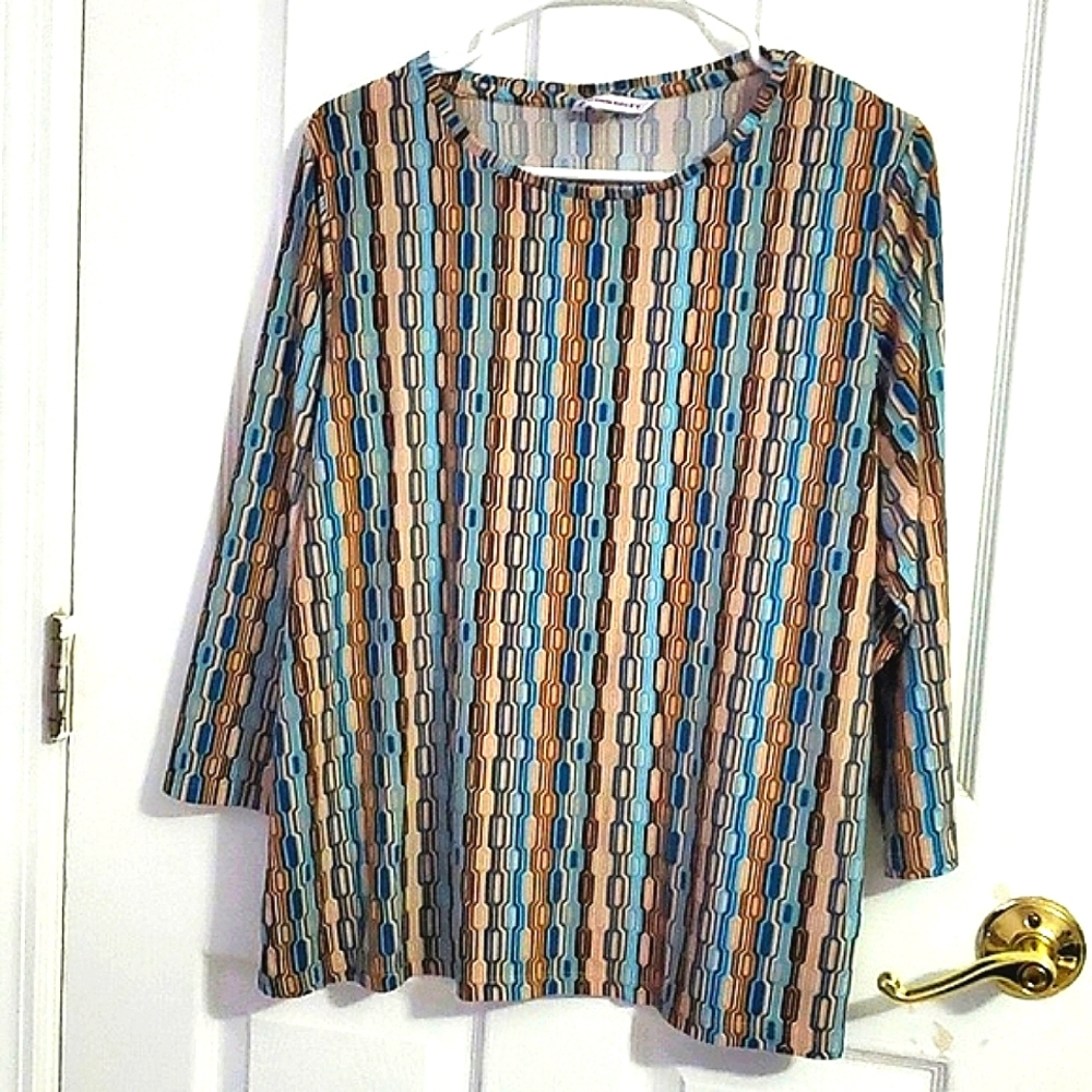 Allison Daley Blue Cream Retro Abstract 3/4 Sleeves Pullover Jersey Top L